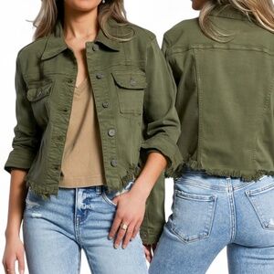 Hidden Los Angeles Olive Green Distressed Cropped Denim Jacket With Raw Hem Sz S